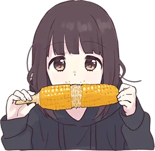🌽 Anime meisje, Mais, Eten, Schattig, Cartoon whatsapp sticker