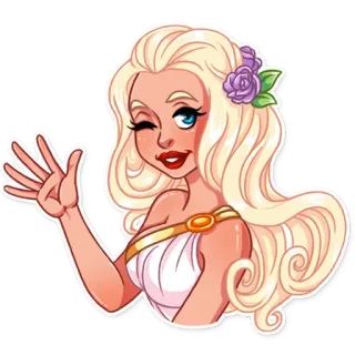 👋 Frau, Cartoon, blond, winkend, freundlich, Blumen, Kleid telegram sticker