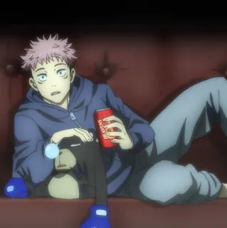 💥 Yuji Itadori Jujutsu Kaisen Anime, Santai, Istirahat, Minuman, Kartun telegram sticker