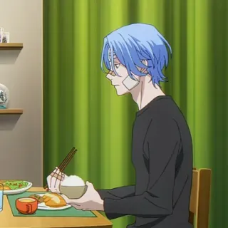 💎 anime, male, blue hair, eating, indoor, table, asian food telegram sticker