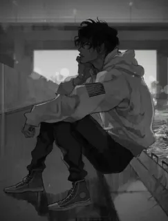 🌟 boy, hoodie, anime, illustration, sitting, urban telegram sticker