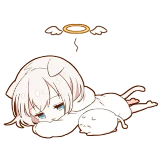 🌟 Anime, Cartone animato, Carino, Chibi, Angelo, Aureola, Gatto, Assonnato whatsapp sticker