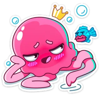 😊 octopus, cartoon, cute, fish, crown, bubbles, blush telegram sticker