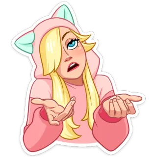 😒 dessin animé, fille, haussement d'épaules, oreilles de chat, sweat à capuche rose, cheveux blonds whatsapp sticker