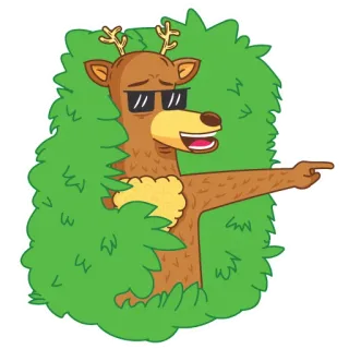 😄 veado, animal, desenho animado, óculos de sol, arbusto, apontando, floresta telegram sticker