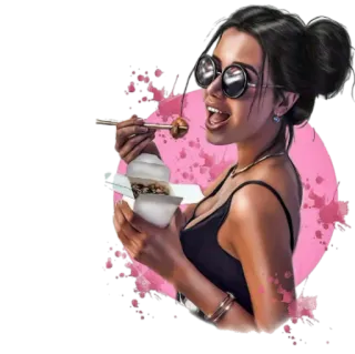 😜 wanita, makan, makanan, kacamata hitam, berambut cokelat, kasual, gaya hidup whatsapp sticker