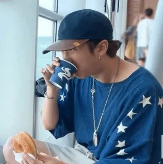 ✨ man, coffee, doughnut, casual, stars, navy blue, cap, indoors, portrait telegram sticker