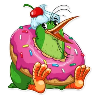 🍩 pájaro, dona, dibujo animado, postre, dulce, cereza whatsapp sticker