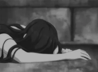 😭 triste, deprimido, preto e branco, deitado, estilo anime telegram sticker