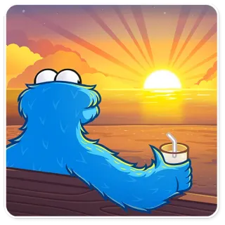 🌅 Cookie Monster Krümelmonster, Sesamstraße, Cartoon, Getränk, Sonnenuntergang, Strand telegram sticker