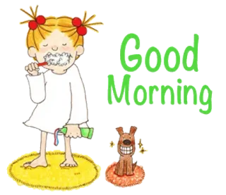 🌞 Good Morning manhã, escova de dentes, menina, cachorro, bom dia, desenho animado whatsapp sticker