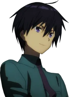 😏 anime, chico, sonriendo, personaje, ojos morados, corbata telegram sticker