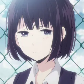 🔖 Anime Mädchen, Schuluniform, Niedlich, Traurig, Zaun, Kurze Haare, Anime telegram sticker