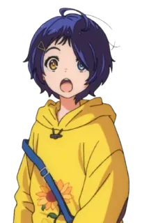 😲 Ai Ohto Wonder Egg Priority Anime, Menina, Moletom amarelo, Desenho animado, Personagem telegram sticker
