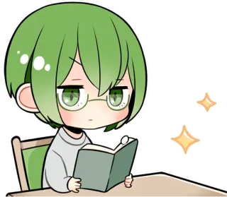 😐 动漫, 书, 阅读, Q版, 绿发, 眼镜 telegram sticker