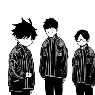😶 Anime, Manga, Tres personajes, Blanco y negro, Uniforme, Dibujos animados telegram sticker