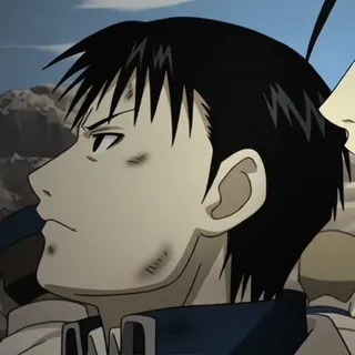 💙 Roy Mustang Fullmetal Alchemist Roy Mustang, Fullmetal Alchemist, anime, bruised, profile view, determined, serious telegram sticker