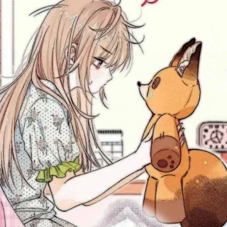 🧸 fille anime, peluche renard, triste, manga, illustration telegram sticker