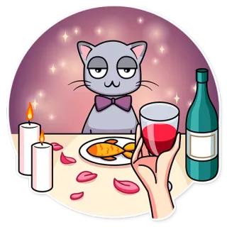 🍷 gato, jantar, romântico, encontro, vinho, peixe, desenho animado, vela telegram sticker