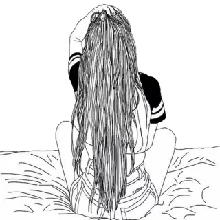 😼 woman, long hair, sitting, back view, outline, girl, shorts whatsapp sticker