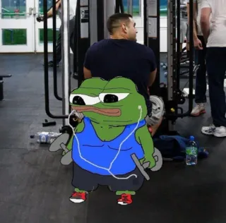 🏋️ Pepe the Frog Pepe, Żaba, Podnoszenie ciężarów, Siłownia, Ćwiczenia, Meme, Kreskówka telegram sticker