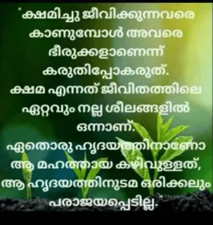 💌 "ക്ഷമിച്ചു ജീവിക്കുന്നവരെ കാണുമ്പോൾ അവരെ ഭീരുക്കളാണെന്ന് കരുതിപ്പോകരുത്. ക്ഷമ എന്നത് ജീവിതത്തിലെ ഏറ്റവും നല്ല ശീലങ്ങളിൽ ഒന്നാണ്. ഏതൊരു ഹൃദയത്തിനാണോ ആ മഹത്തായ കഴിവുള്ളത്, ആ ഹൃദയത്തിനുടമ ഒരിക്കലും 29 പരാജയപ്പെടില്ല." telegram sticker
