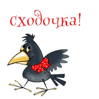 🦅 сходочка! อีกา, นก, การ์ตูน, โบว์สีแดง, ข้อความ, สัตว์ telegram sticker