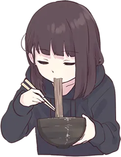🍜 anime, meisje, eten, noedels, eetstokjes, eten, kom, casual, schattig whatsapp sticker
