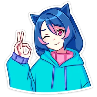 👌 애니메이션 여자, 고양이 귀, 윙크, 귀여운, 스티커, 애니메이션, 만화 telegram sticker