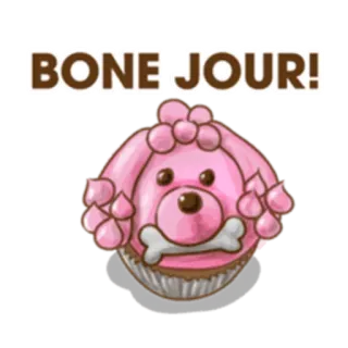 🐶 BONE JOUR! cane, osso, cupcake, animale, cibo, dolce, cartone animato, saluto whatsapp sticker