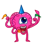 ๐ฅณ monster, one eye, pink, brain, party hat, cartoon, cute telegram sticker