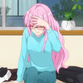 🍧 Anime Mädchen, pinke Haare, Brille, Charakter, sitzend, drinnen, süß telegram sticker