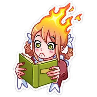 🔥 Mädchen, Feuer, Buch, Lesen, Flammen, Anime, Cartoon telegram sticker