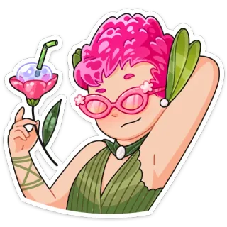 😎 การ์ตูน, ตัวละคร, ดอกไม้, สีชมพู, แว่นตา, พืช, เครื่องดื่ม telegram sticker