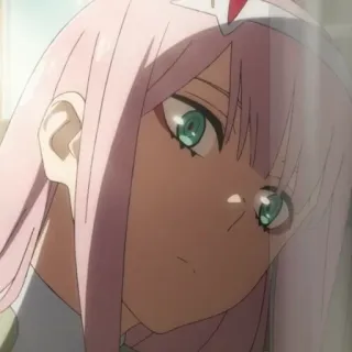 🍓 Zero Two Darling in the Franxx Anime, Zero Two, cheveux roses, cornes, Darling in the Franxx, Waifu, fille anime, Kawaii telegram sticker