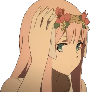 😕 Zero Two Darling in the Franxx Anime, Zero Two, Darling in the Franxx, Charakter, Mädchen, pinke Haare, Blumenkranz telegram sticker