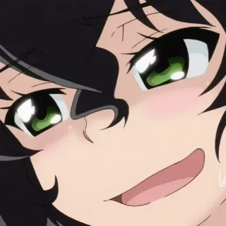 😏 애니메이션, 만화, 캐릭터, 얼굴, 웃음, 땀, 검은 머리, 녹색 눈 telegram sticker
