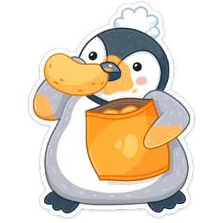 🍿 пингвин, мультфильм, еда, ест, милый, наклейка, чипсы, закуска whatsapp sticker