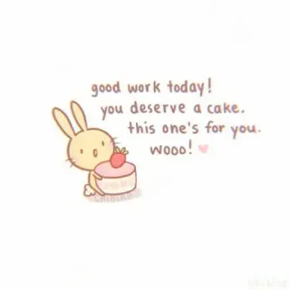 🦢 good work today!
you deserve a cake.
this one's for you.
Wooo! Hase, Kuchen, süß, Feier, Dessert, kawaii, positiv whatsapp sticker