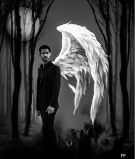 👹 Lucifer ange, ailes, sombre, forêt, surnaturel, série TV, diable telegram sticker