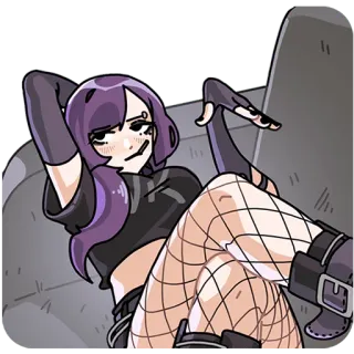 😏 gadis anime, gothic, stoking jaring, santai, kartun, ilustrasi telegram sticker