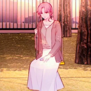 🎟 anime, kobieta, siedząca, różowe włosy, ogrodzenie, zachód słońca telegram sticker