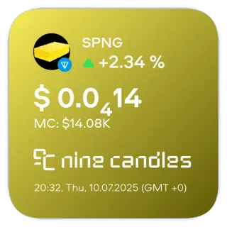 📊 SPNG
+2.34 %
$ 0.0414
MC: $14.08K
nine candles
20:32, Thu, 10.07.2025 (GMT +0) finance, cryptocurrency, investment, market, data, chart telegram sticker