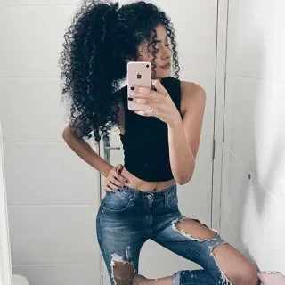 📱 selfie, woman, curly hair, ripped jeans, casual, mirror, bathroom telegram sticker
