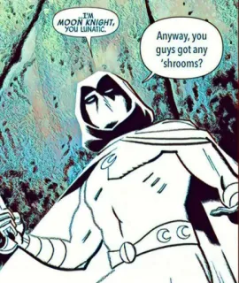 ⚛ Moon Knight I'M
MOON KNIGHT,
YOU LUNATIC.
Anyway, you
guys got any
'shrooms? moon knight, quadrinhos, cogumelos, marvel, super-herói telegram sticker