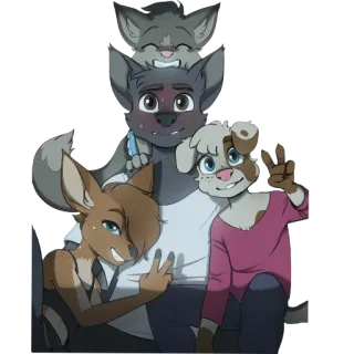 😅 furry, anthropomorphic, friends, group, cartoon, cute, smile, animals whatsapp sticker
