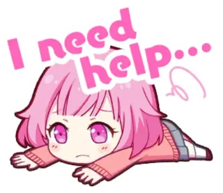 😔 I need help... anime, cartoon, sad, help, pink hair whatsapp sticker