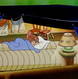 😾 Jerry Mouse Tom and Jerry мультфильм, спящий, мышь, кровать, лампа telegram sticker