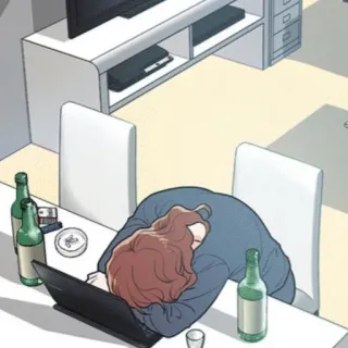 🧶 person, laptop, bottles, table, alcohol, tired, soju telegram sticker