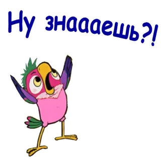 😡 Ну знааешь?! pájaro, loro, dibujos animados, rosa, morado whatsapp sticker